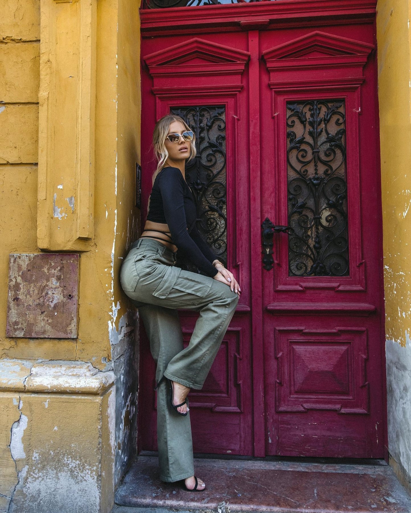 High Waist Cargo Straight Leg Jeans In Olive Green