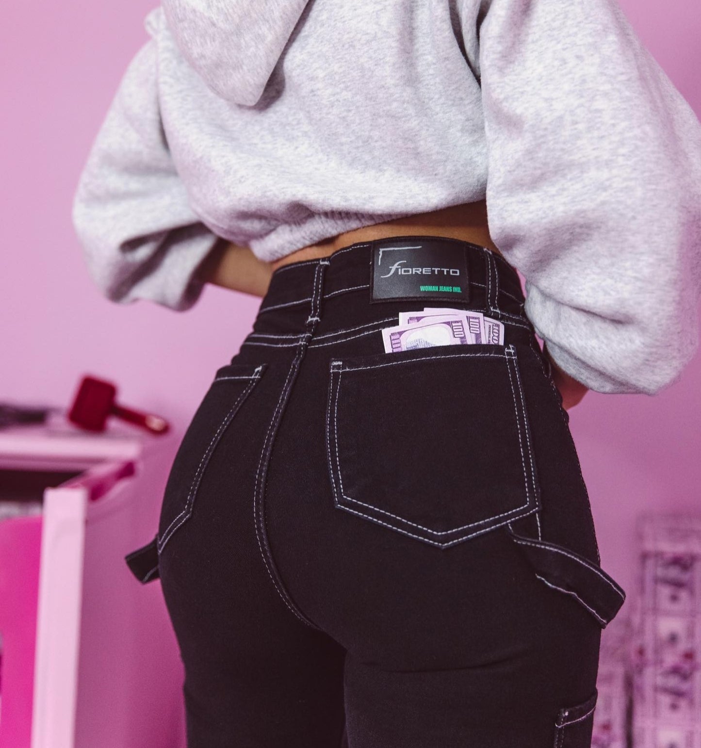 High Waist Cargo Straight Leg Jeans In Black