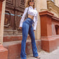 High Waist Flare Jeans In Medium Dark Washed Blue